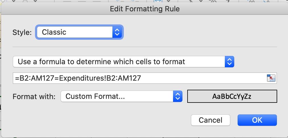 Features are Style = Classic, use a formula to determine what cells to format, the formula, and the directive to format with a custom format