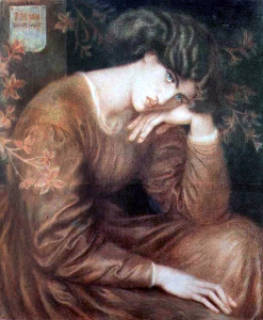 A seated woman in a rich brown robe and dark hair, head leaning on her hand. Her hands, neck and face are elongated features.