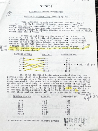Marked-up document showing parking space legal changes
